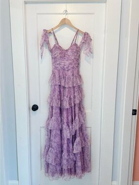 Lilac Tiered Lace Prom Dress with Bow Straps
